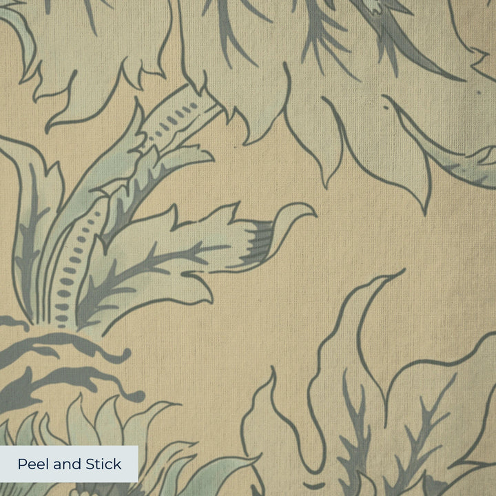 Ragged Poppy in Flax and Eucalyptus — soft green poppy on a flax ground, low-contrast large-scale block-printed floral repeat peel-and-stick wallpaper closeup, linen-like texture