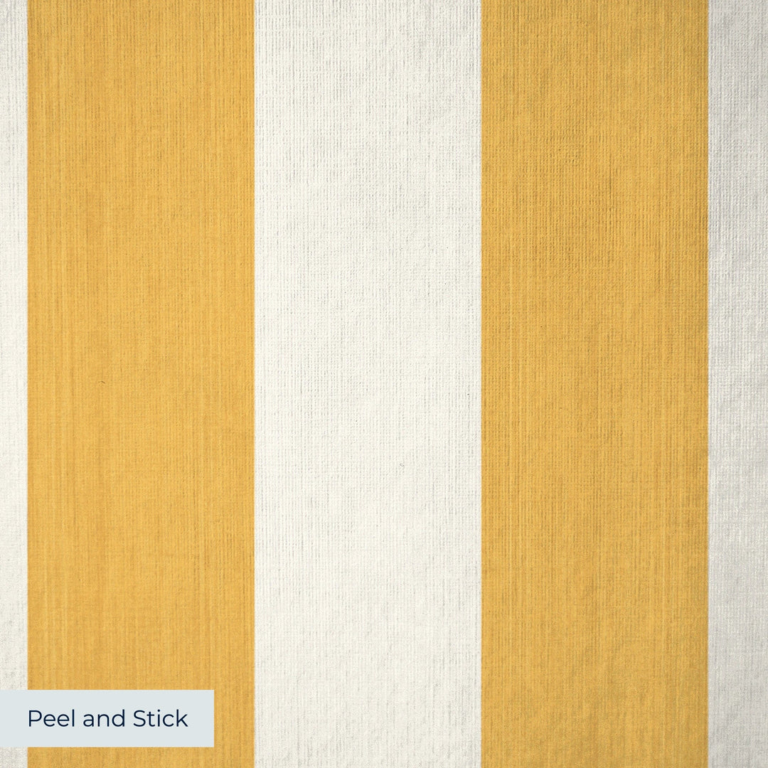 Marigold and ivory 19th century equal-width stripe, yellow striated: peel-and-stick wallpaper closeup, linen-like texture