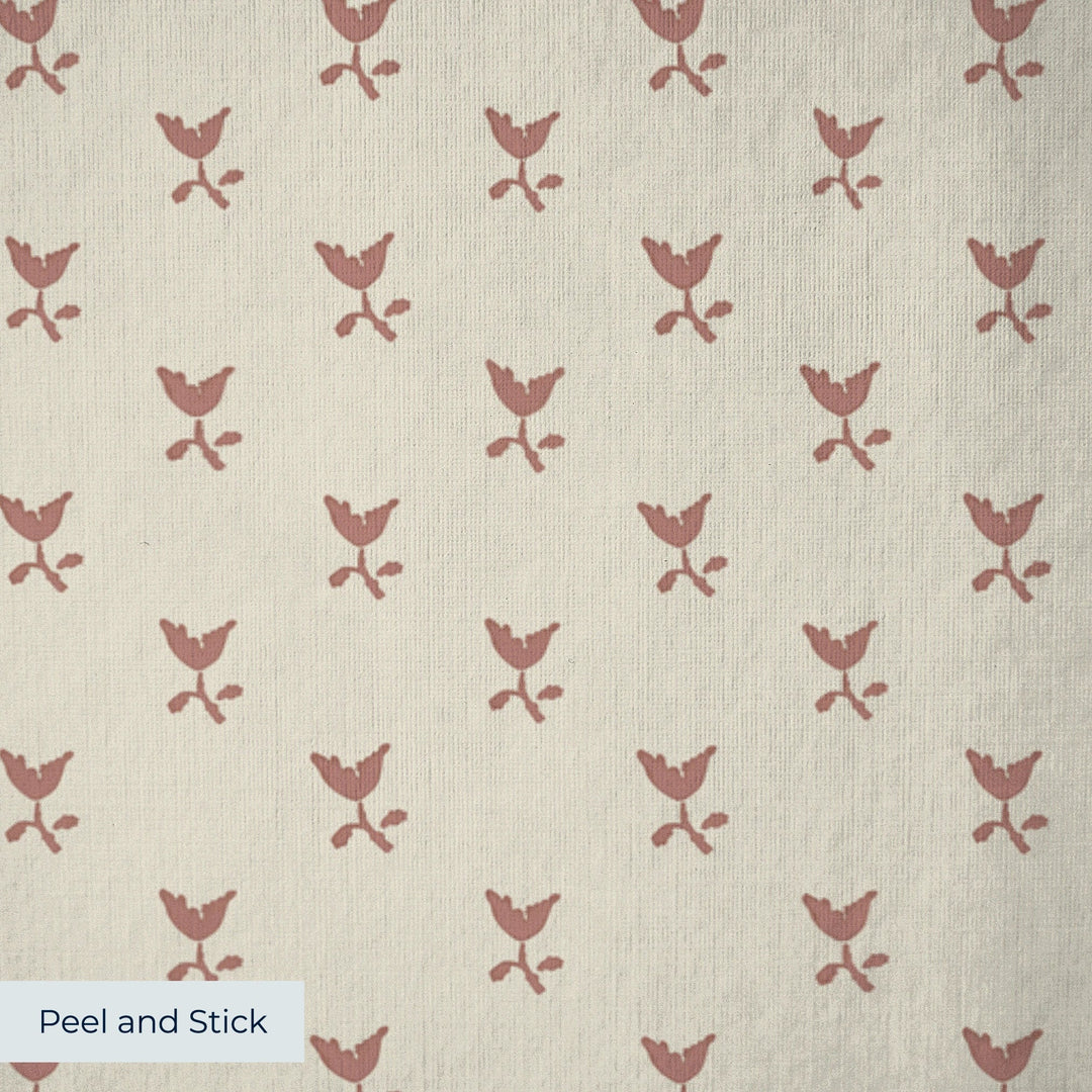 Warm brown Second Empire tulip silhouette on a pale greige ground: peel-and-stick wallpaper closeup, linen-like texture