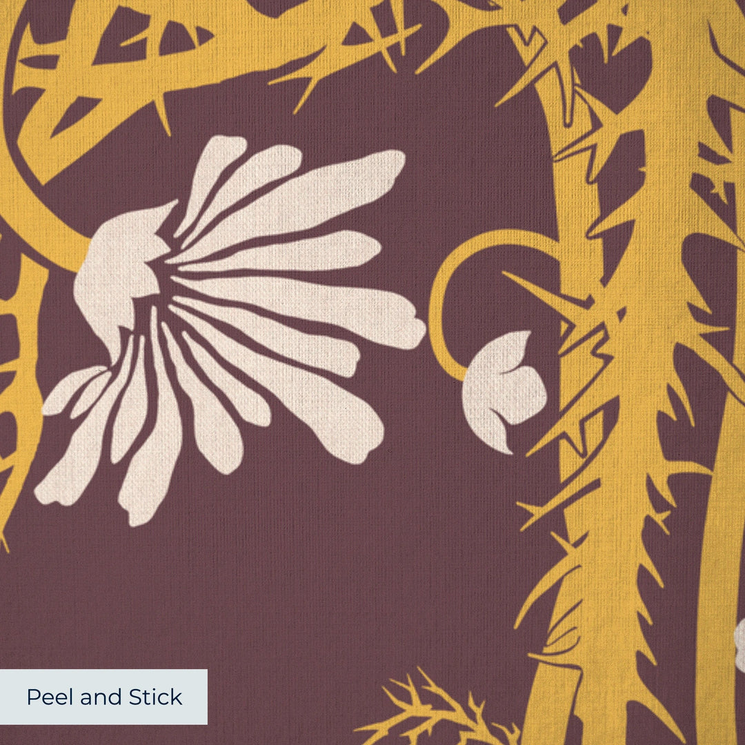 Marguerite in blackcurrant and marigold: spined, entwined stems forming vertical channels around massed daisy heads, translated from a c. 1904 Dutch linen damask finger towel by Cornelis van der Sluys. peel-and-stick wallpaper closeup, linen-like texture