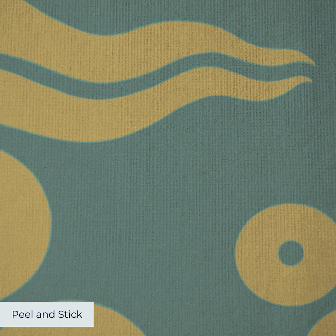 Gold 15th century Ottoman discs and waves on a medium green ground: peel-and-stick wallpaper closeup, linen-like texture