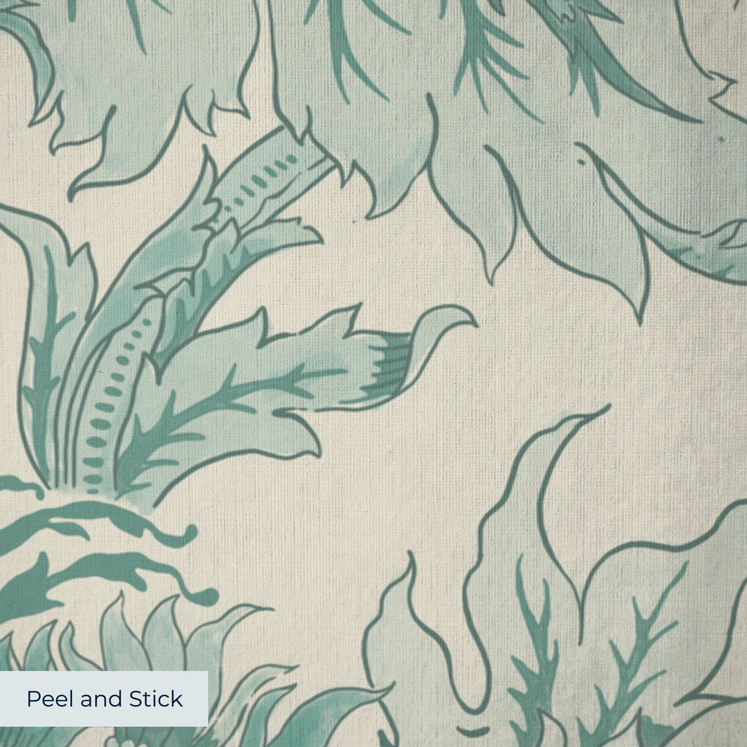 Ragged Poppy in Sandstone and Verdigris — green poppy on a warm sandstone ground, large-scale block-printed floral repeat peel-and-stick wallpaper closeup, linen-like texture