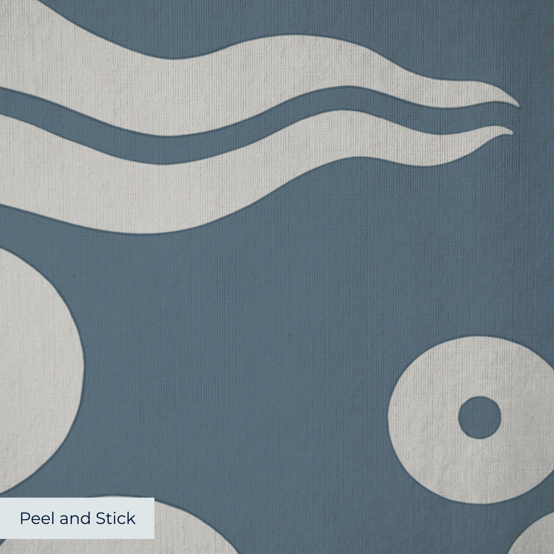 Grey 15th century Ottoman discs and waves on a blue-grey ground: peel-and-stick wallpaper closeup, linen-like texture