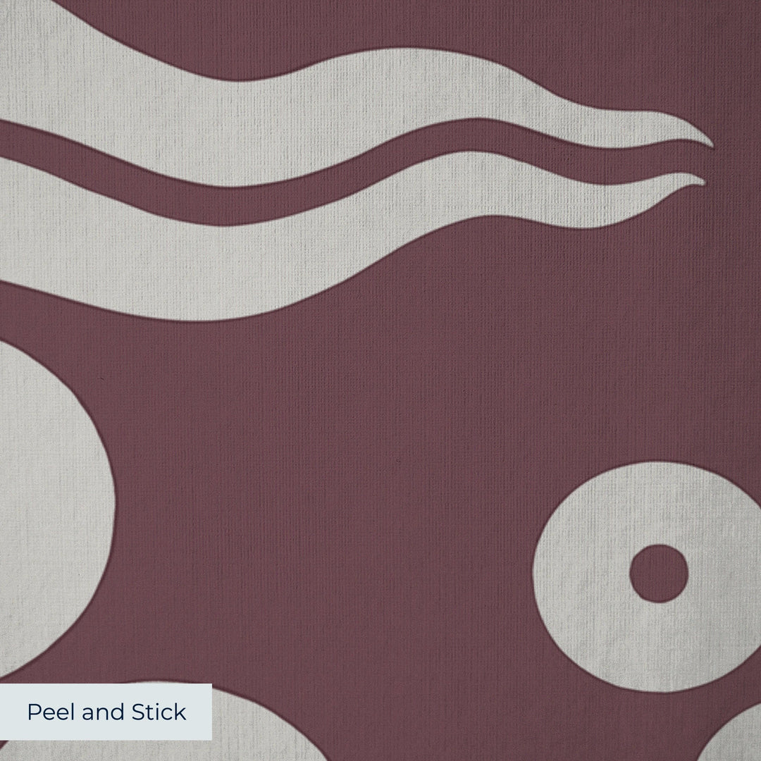 Grey 15th century Ottoman discs and waves on a dark purple ground: peel-and-stick wallpaper closeup, linen-like texture