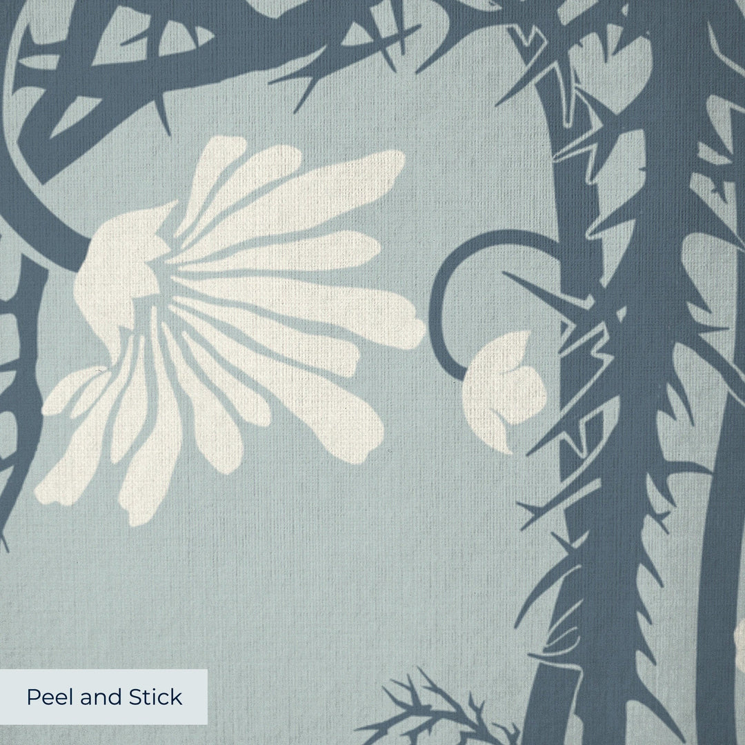 Marguerite in mist and slate: spined, entwined stems forming vertical channels around massed daisy heads, translated from a c. 1904 Dutch linen damask finger towel by Cornelis van der Sluys. peel-and-stick wallpaper closeup, linen-like texture