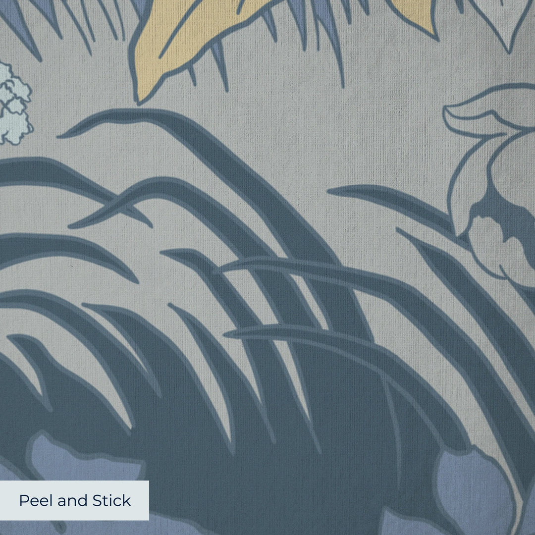 Pale grey 1890s Art Nouveau blooms and grasses on a blue-grey ground: peel-and-stick wallpaper closeup, linen-like texture