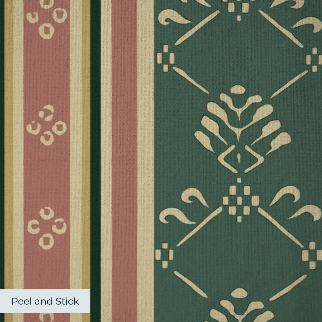 Dark green and brown 18th century floral and lattice stripe: peel-and-stick wallpaper closeup, linen-like texture