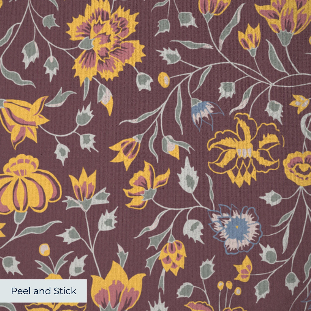 Yellow 18th century Indian chintz vine on a dark purple ground: peel-and-stick wallpaper closeup, linen-like texture