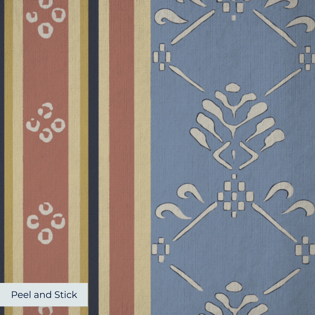 Muted blue and brown 18th century floral and lattice stripe: peel-and-stick wallpaper closeup, linen-like texture