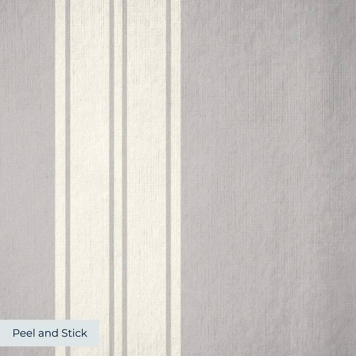 White 19th century double-band stripe on a grey ground: peel-and-stick wallpaper closeup, linen-like texture