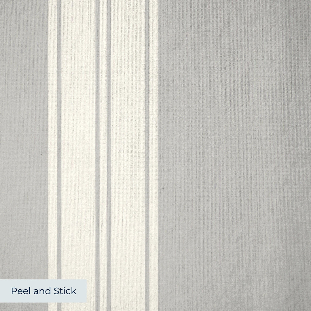 White 19th century double-band stripe on a grey ground: peel-and-stick wallpaper closeup, linen-like texture