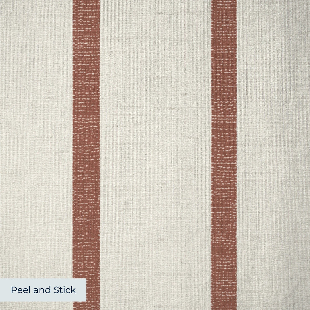 Brown woven-texture pencil stripe on a beige ground: peel-and-stick wallpaper closeup, linen-like texture