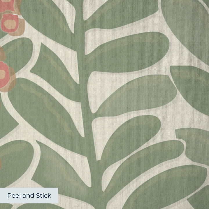 Muted green 1918 leaf sprays with red berries on a beige ground: peel-and-stick wallpaper closeup, linen-like texture