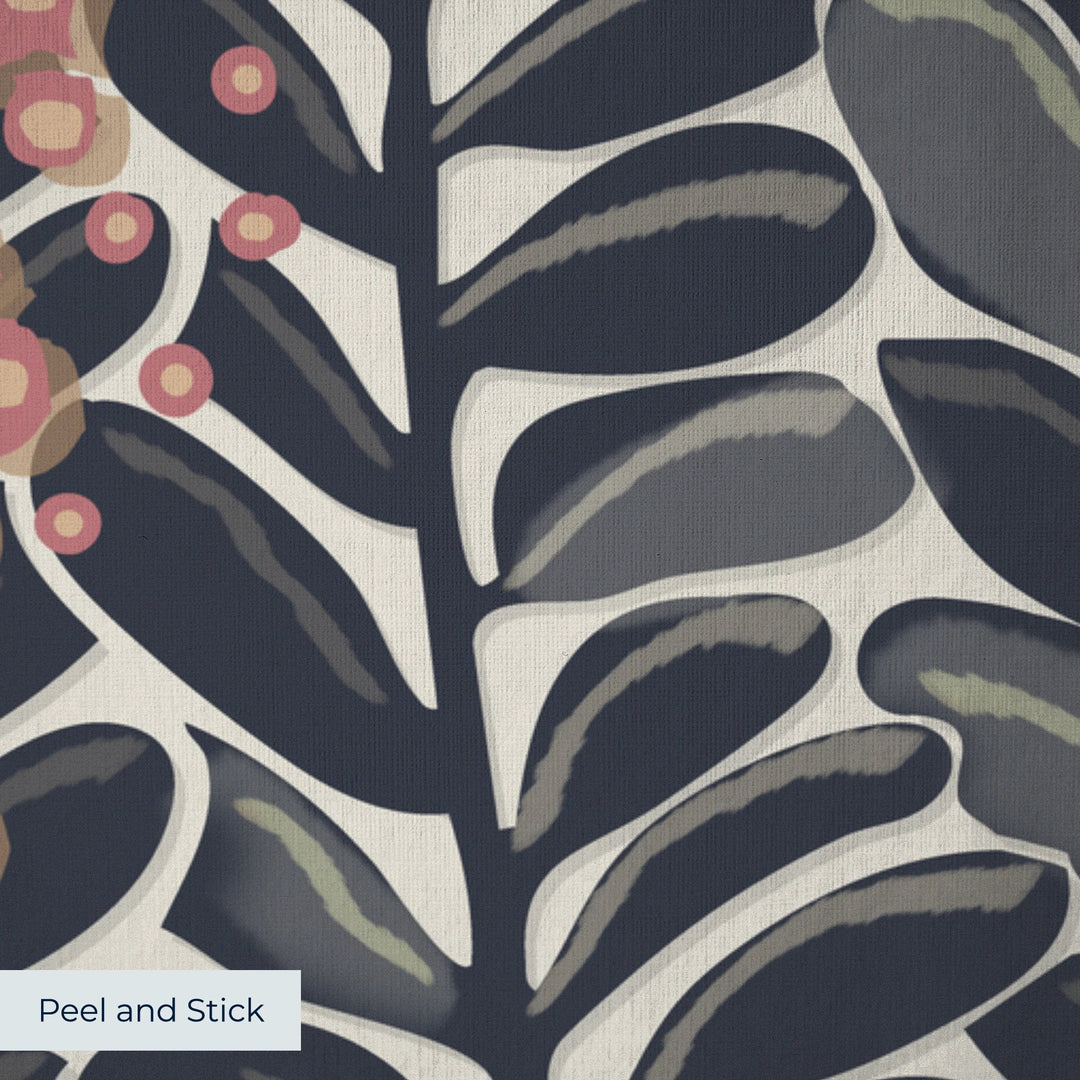 Navy 1918 leaf sprays with red berries on a beige ground: peel-and-stick wallpaper closeup, linen-like texture