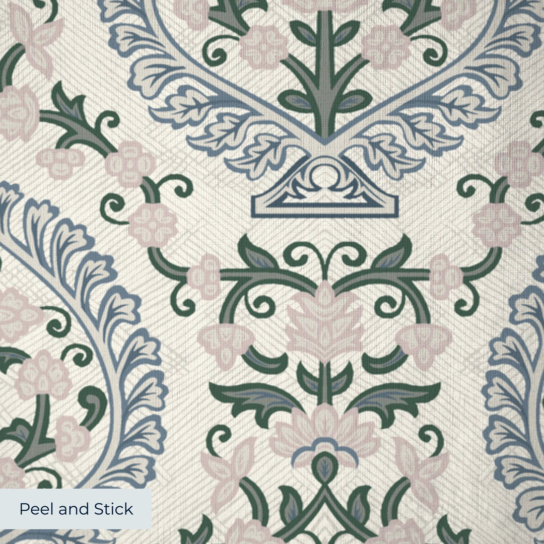Varanasi Medallion in Ivory and Linen — slate-blue pointed medallions enclosing flowering plants on a near-white ground peel-and-stick wallpaper closeup, linen-like texture