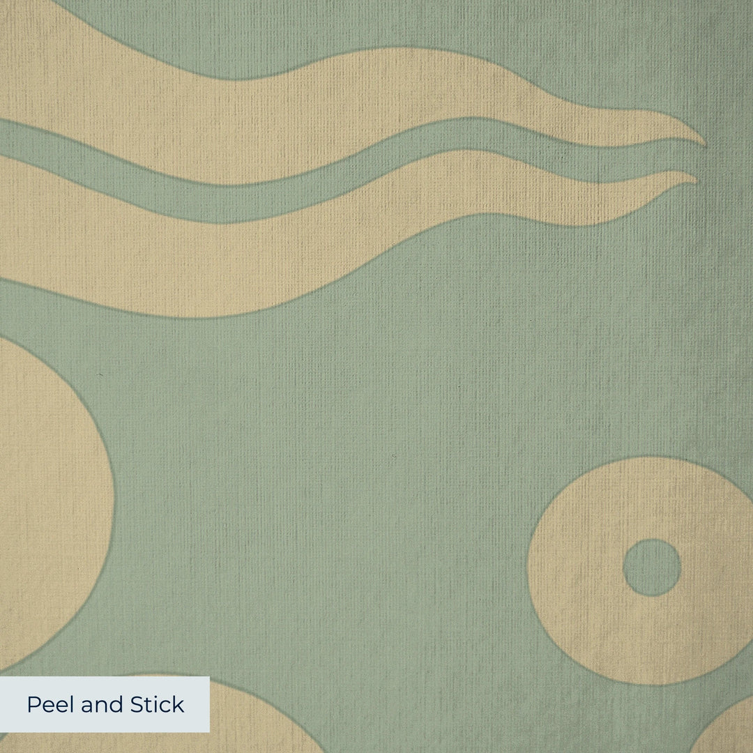 Gold 15th century Ottoman discs and waves on a light green ground: peel-and-stick wallpaper closeup, linen-like texture