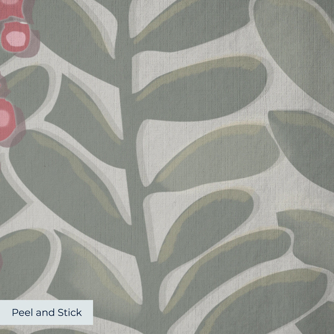 Grey-green 1918 leaf sprays with red berries on a grey ground: peel-and-stick wallpaper closeup, linen-like texture