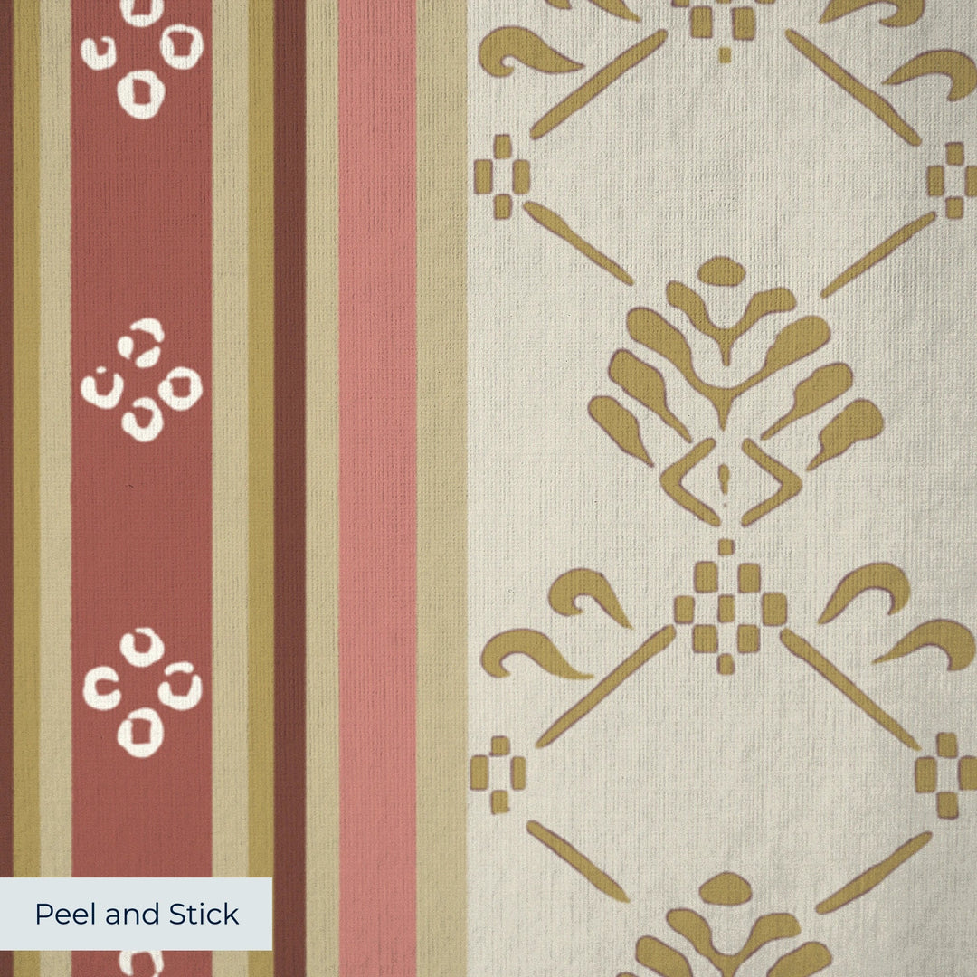 Beige and red 18th century floral and lattice stripe: peel-and-stick wallpaper closeup, linen-like texture