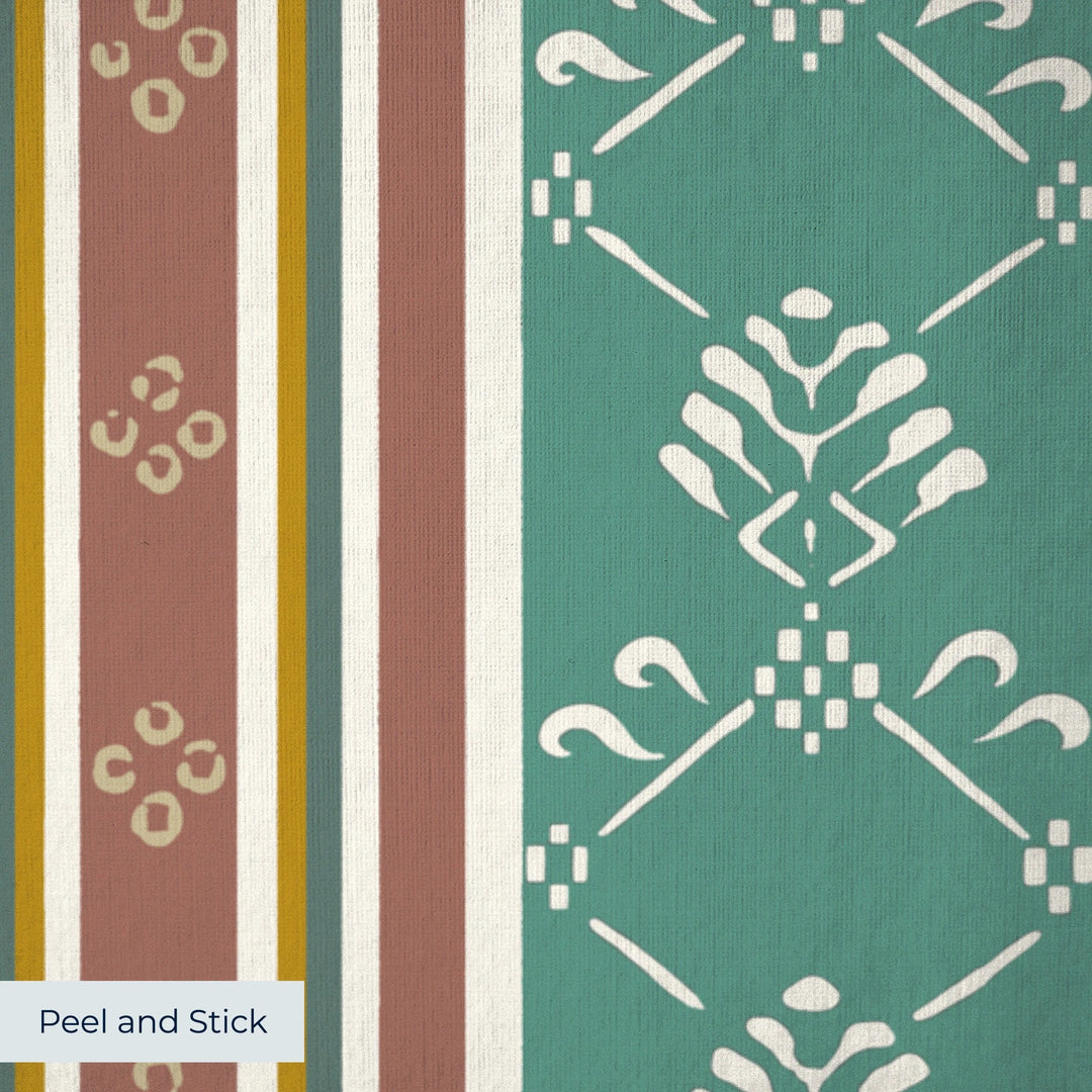 Medium green and brown 18th century floral and lattice stripe: peel-and-stick wallpaper closeup, linen-like texture