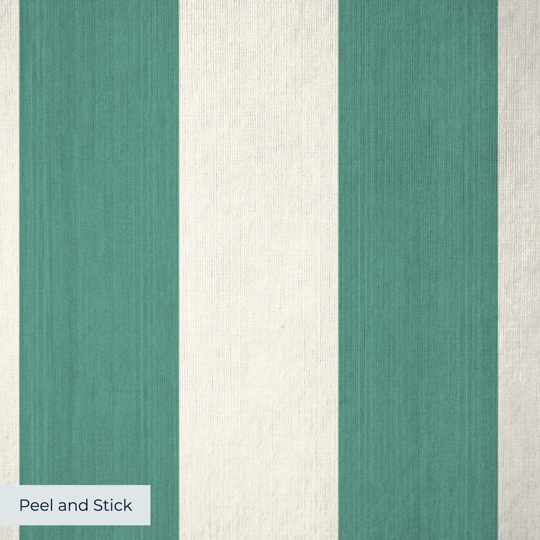 Blue-green and ivory 19th century equal-width stripe, green striated: peel-and-stick wallpaper closeup, linen-like texture