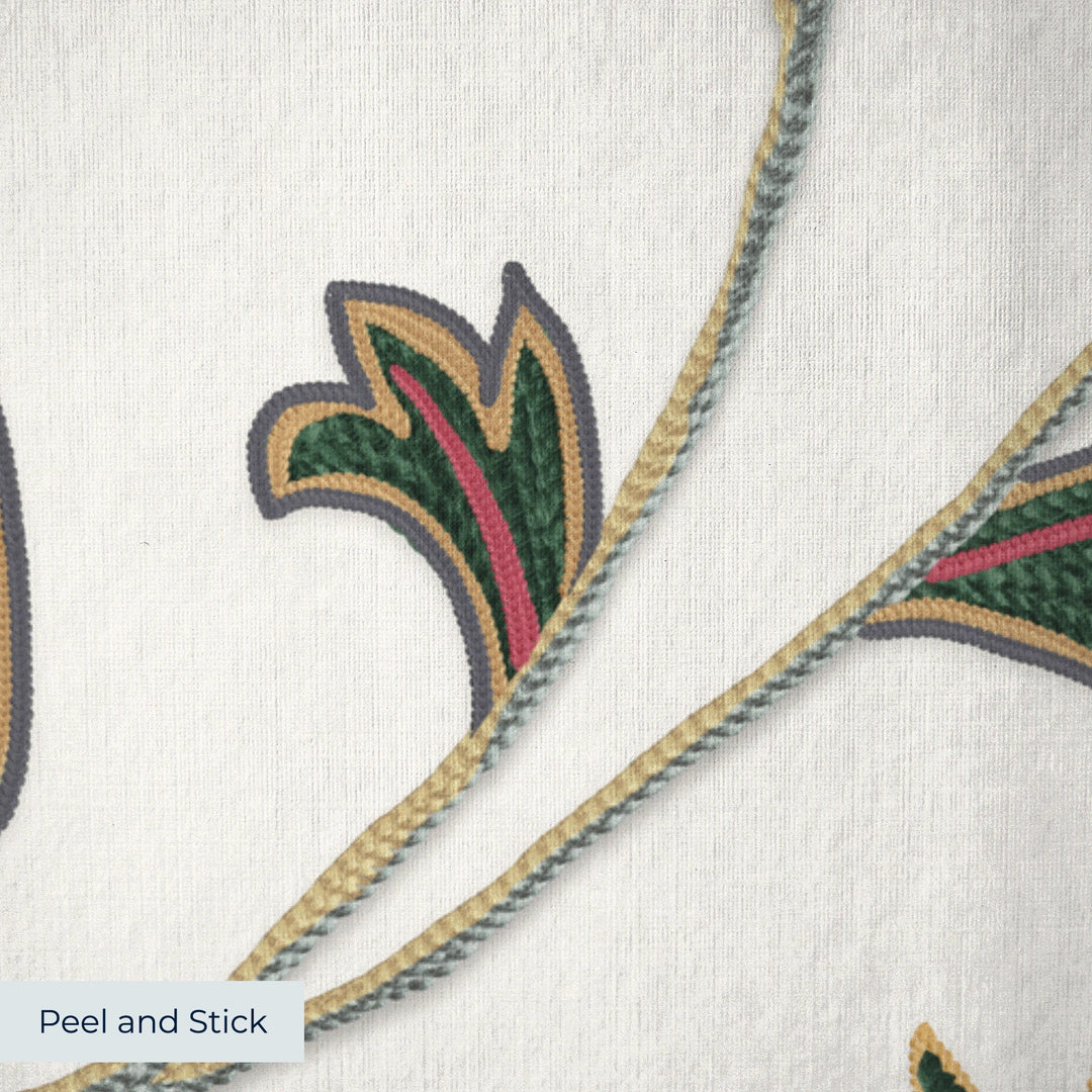 Orange and green floral vines on a white ground peel-and-stick wallpaper closeup, linen-like texture