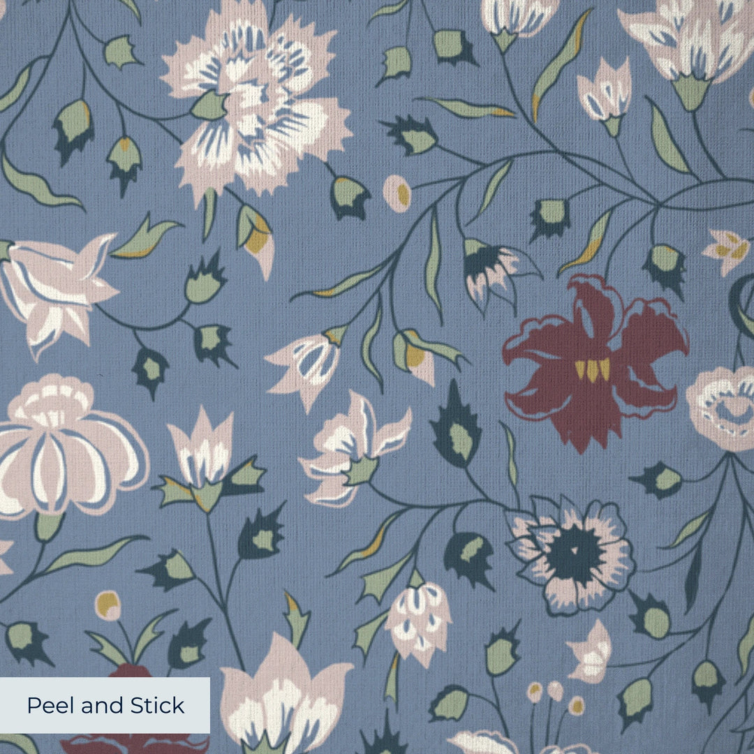Pink 18th century Indian chintz vine on a muted blue ground: peel-and-stick wallpaper closeup, linen-like texture