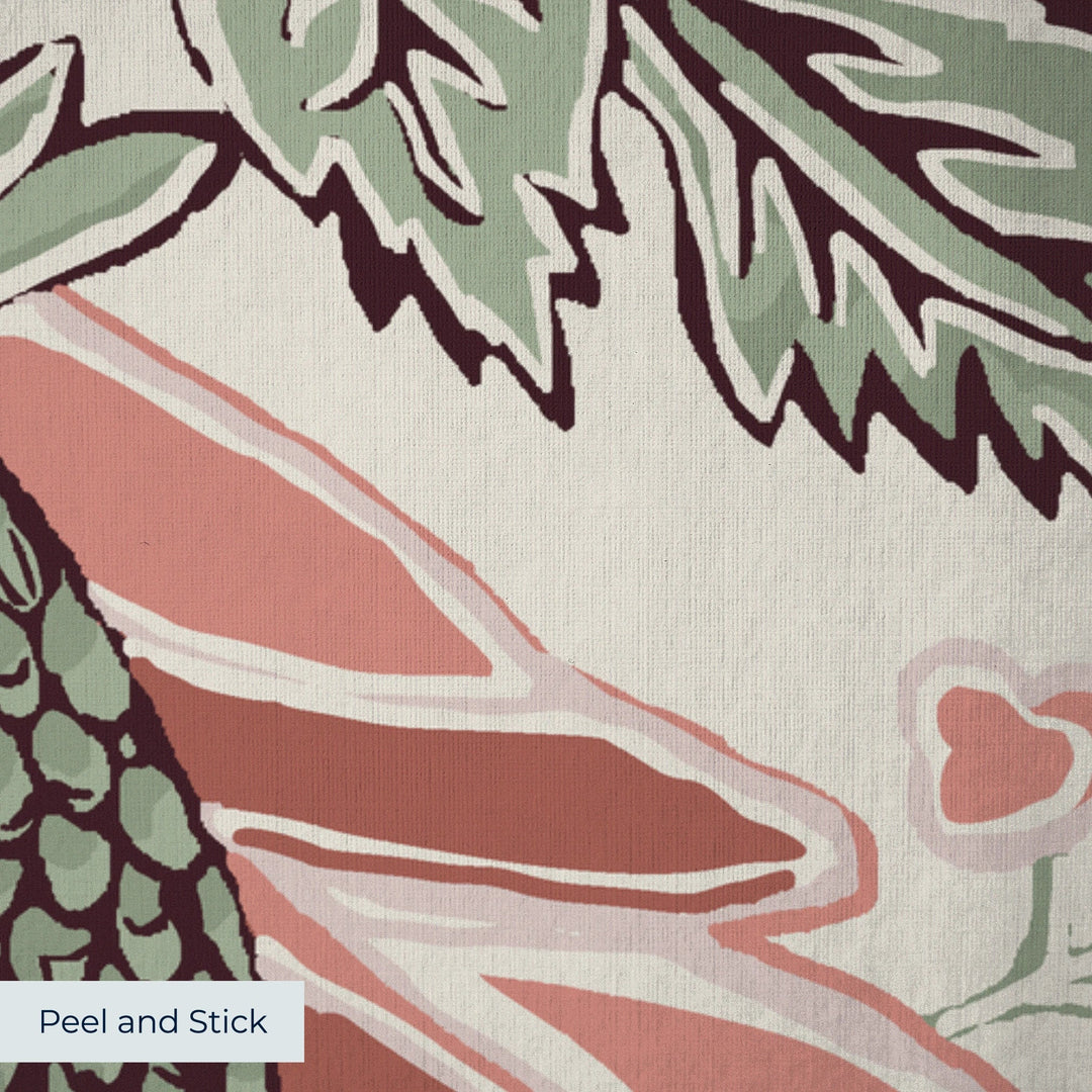 Flowering Pomegranate in linen and terracotta: an ogee lattice of lace borders framing a blossom held between two swelling pomegranates, translated from an 18th-century French block-printed quilt. peel-and-stick wallpaper closeup, linen-like texture