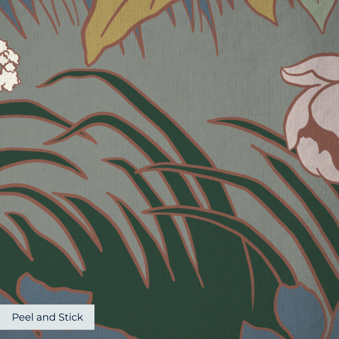 White 1890s Art Nouveau blooms and grasses on a blue-grey ground: peel-and-stick wallpaper closeup, linen-like texture