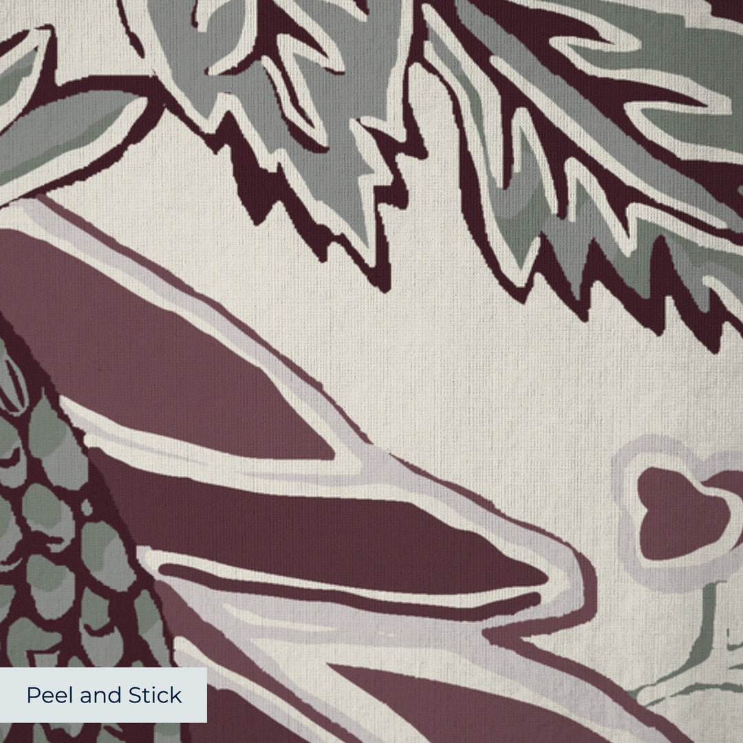 Flowering Pomegranate in linen and blackcurrant: an ogee lattice of lace borders framing a blossom held between two swelling pomegranates, translated from an 18th-century French block-printed quilt. peel-and-stick wallpaper closeup, linen-like texture