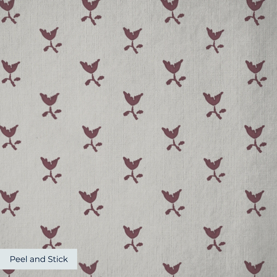 Deep red-brown Second Empire tulip silhouette on a pale grey ground: peel-and-stick wallpaper closeup, linen-like texture