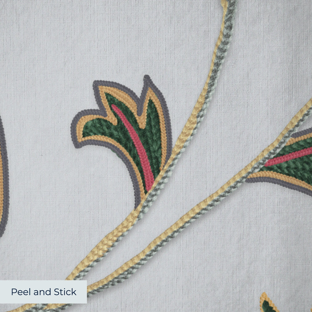 Navy floral vines on a grey ground peel-and-stick wallpaper closeup, linen-like texture