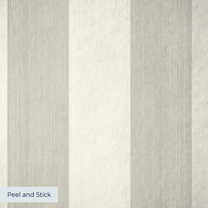 Cream and greige 19th century equal-width stripe, greige striated: peel-and-stick wallpaper closeup, linen-like texture
