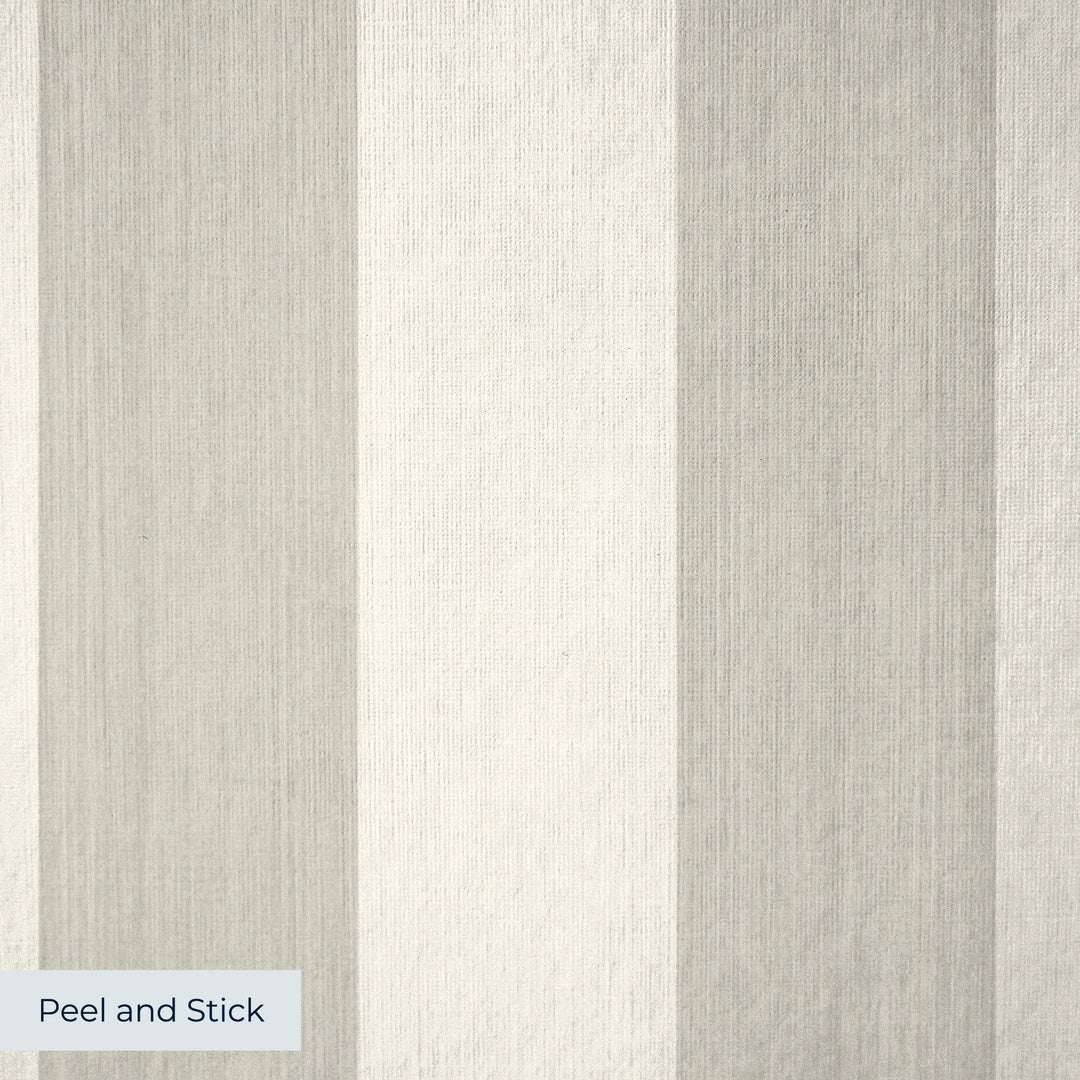 Cream and greige 19th century equal-width stripe, greige striated: peel-and-stick wallpaper closeup, linen-like texture