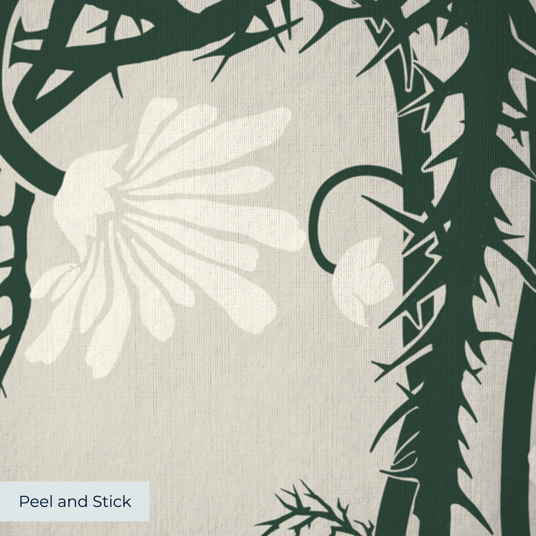 Marguerite in linen and forest floor: spined, entwined stems forming vertical channels around massed daisy heads, translated from a c. 1904 Dutch linen damask finger towel by Cornelis van der Sluys. peel-and-stick wallpaper closeup, linen-like texture