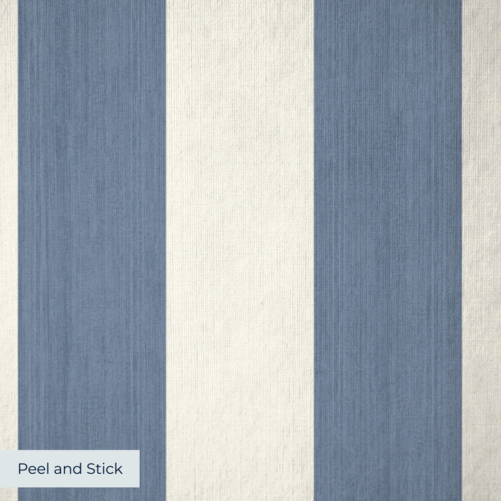Greyed blue and ivory 19th century equal-width stripe, blue striated: peel-and-stick wallpaper closeup, linen-like texture