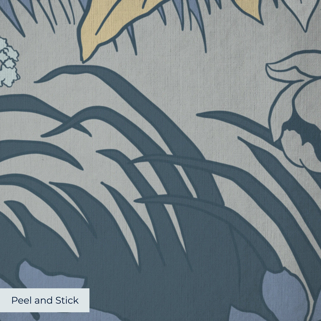 Pale grey 1890s Art Nouveau blooms and grasses on a blue-grey ground: peel-and-stick wallpaper closeup, linen-like texture