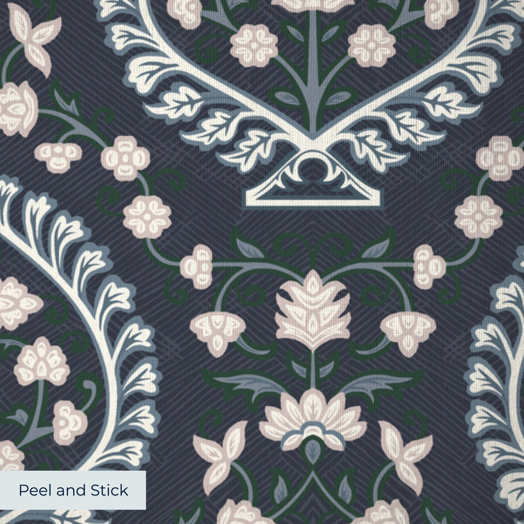 Varanasi Medallion in Indigo and Ivory — pale flowers inside pointed medallions on a near-black indigo ground peel-and-stick wallpaper closeup, linen-like texture
