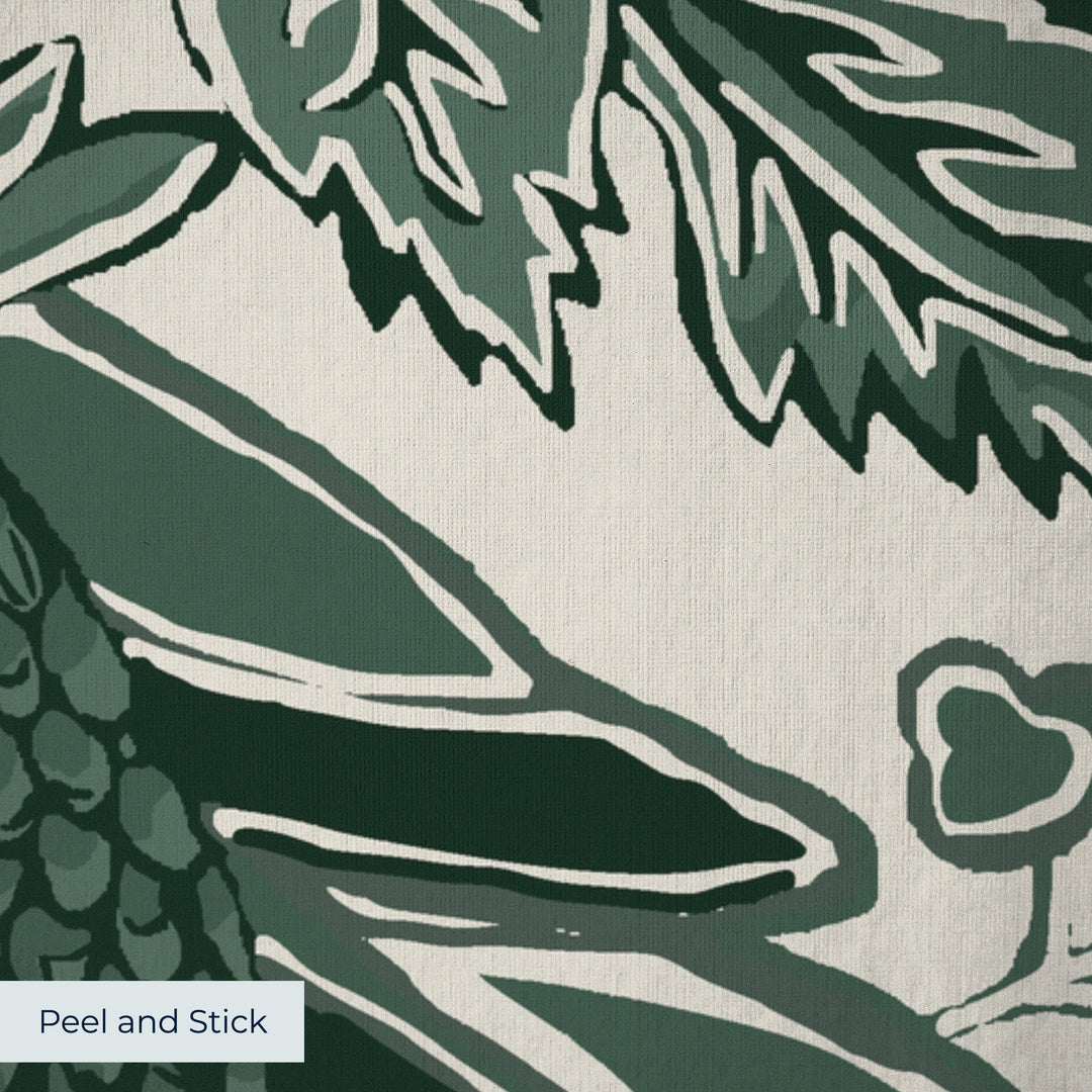 Dark green 18th century French pomegranate ogee on a beige ground: peel-and-stick wallpaper closeup, linen-like texture
