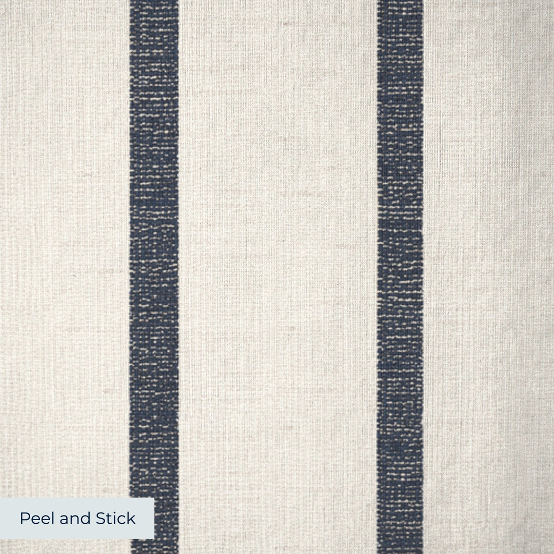 Navy woven-texture pencil stripe on a white ground: peel-and-stick wallpaper closeup, linen-like texture
