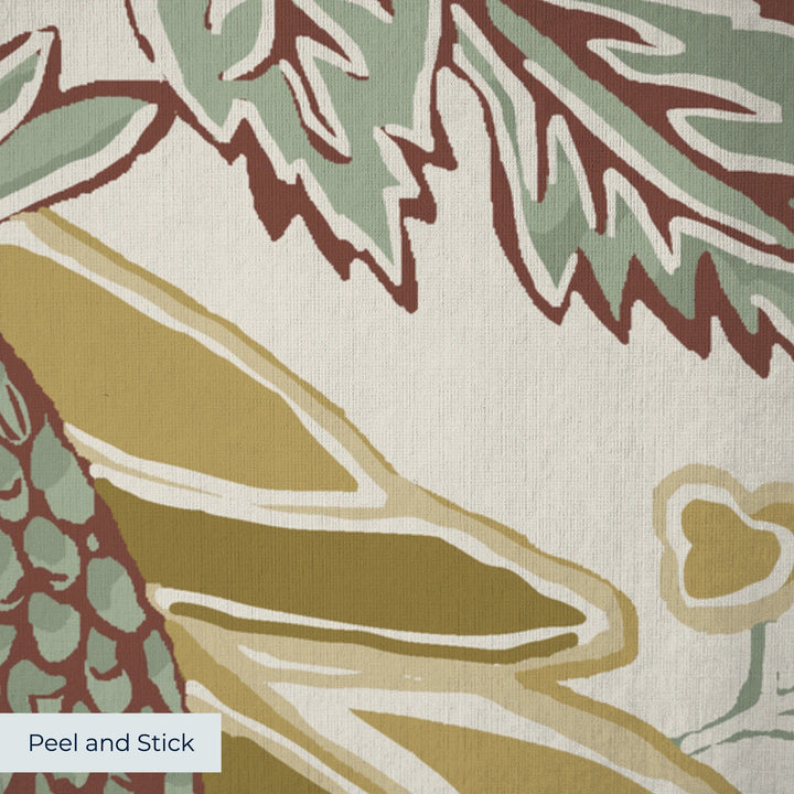 Flowering Pomegranate in linen and honey: an ogee lattice of lace borders framing a blossom held between two swelling pomegranates, translated from an 18th-century French block-printed quilt. peel-and-stick wallpaper closeup, linen-like texture