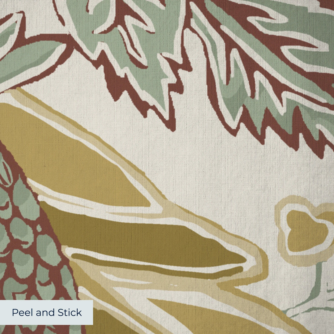 Flowering Pomegranate in linen and honey: an ogee lattice of lace borders framing a blossom held between two swelling pomegranates, translated from an 18th-century French block-printed quilt. peel-and-stick wallpaper closeup, linen-like texture