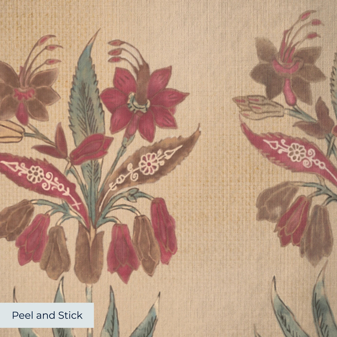 17th century Indian chintz flowering sprigs in rows, museum colours: peel-and-stick wallpaper closeup, linen-like texture