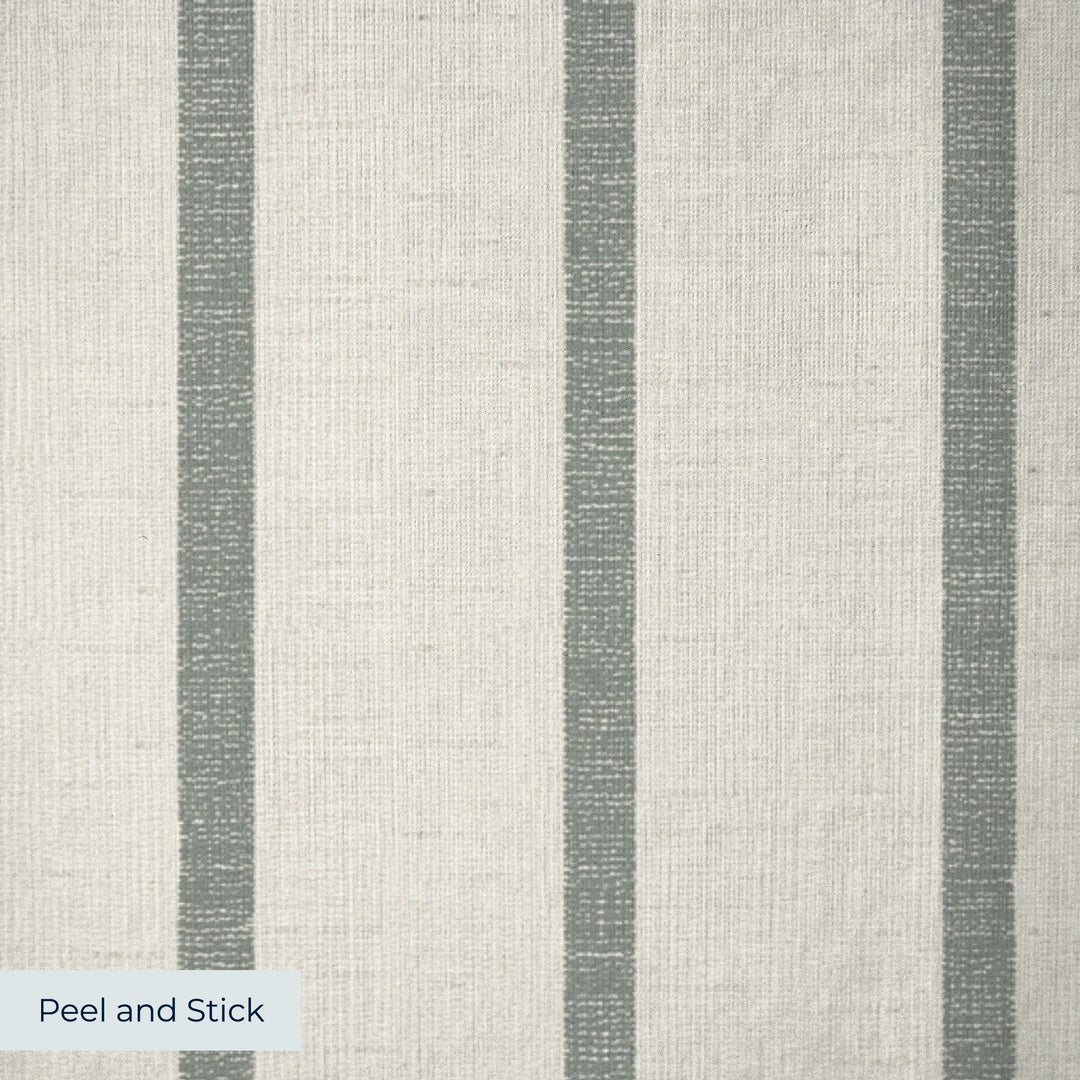 Grey-green woven-texture pencil stripe on a beige ground: peel-and-stick wallpaper closeup, linen-like texture