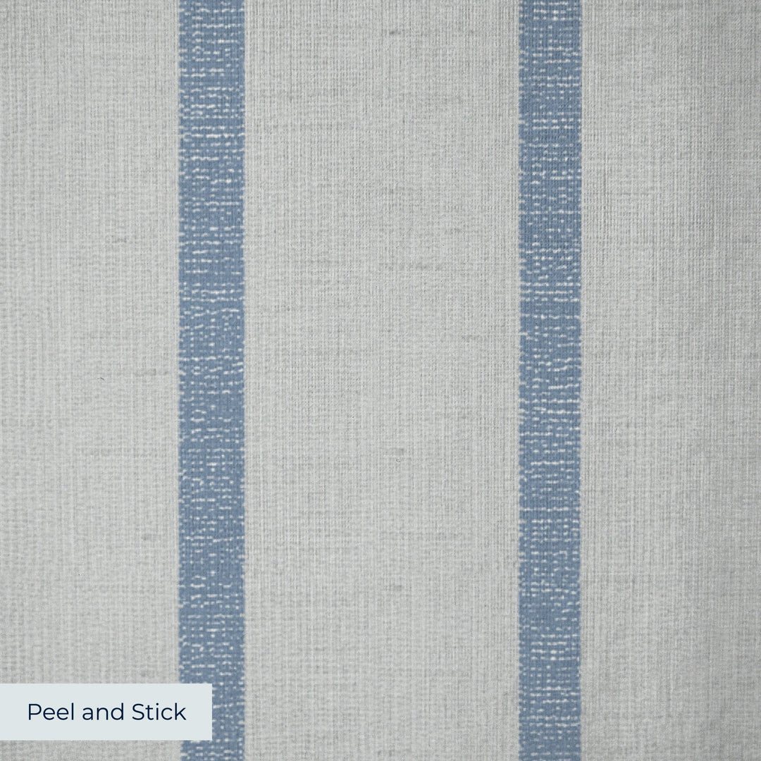Muted blue woven-texture pencil stripe on a grey ground: peel-and-stick wallpaper closeup, linen-like texture