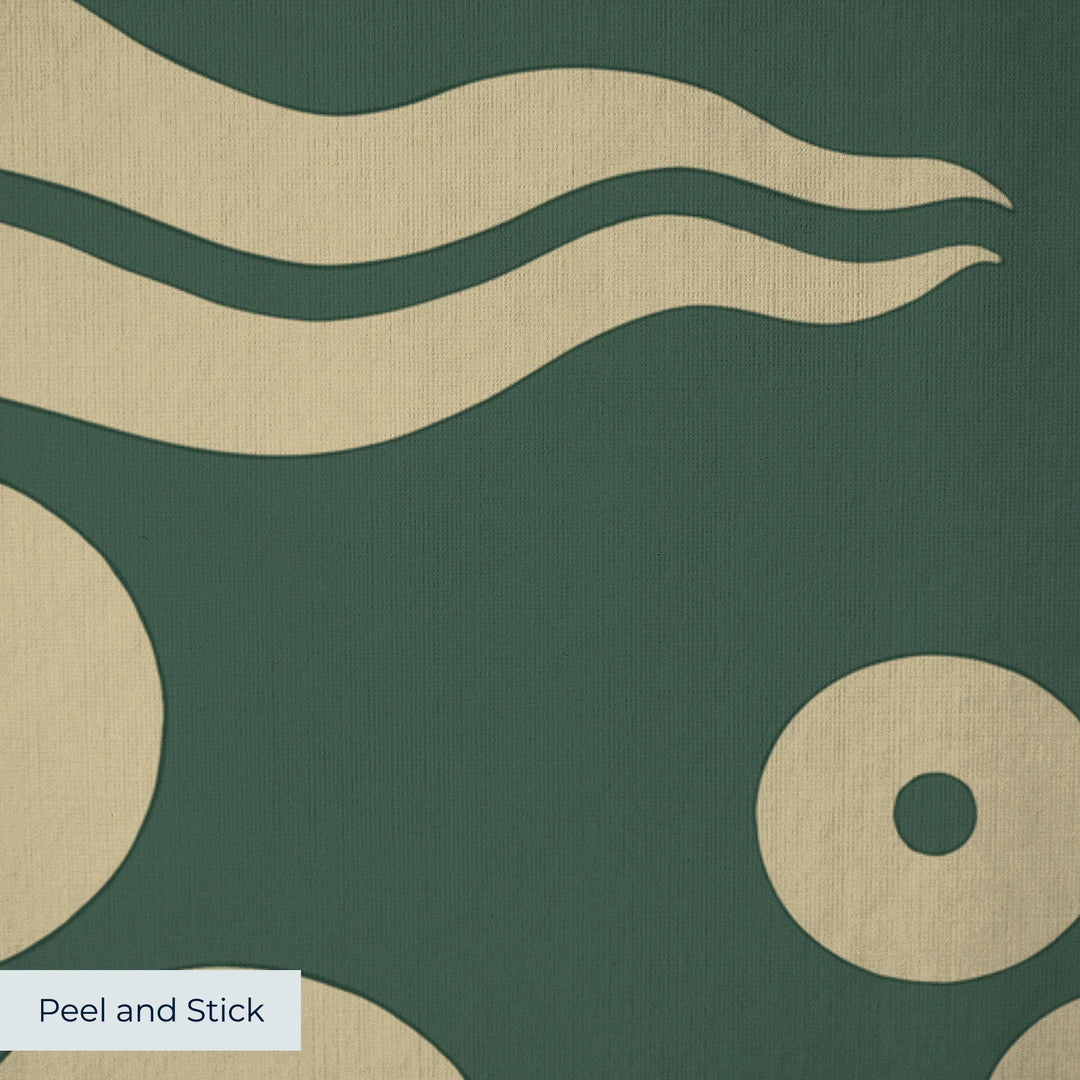 Gold 15th century Ottoman discs and waves on a dark green ground: peel-and-stick wallpaper closeup, linen-like texture