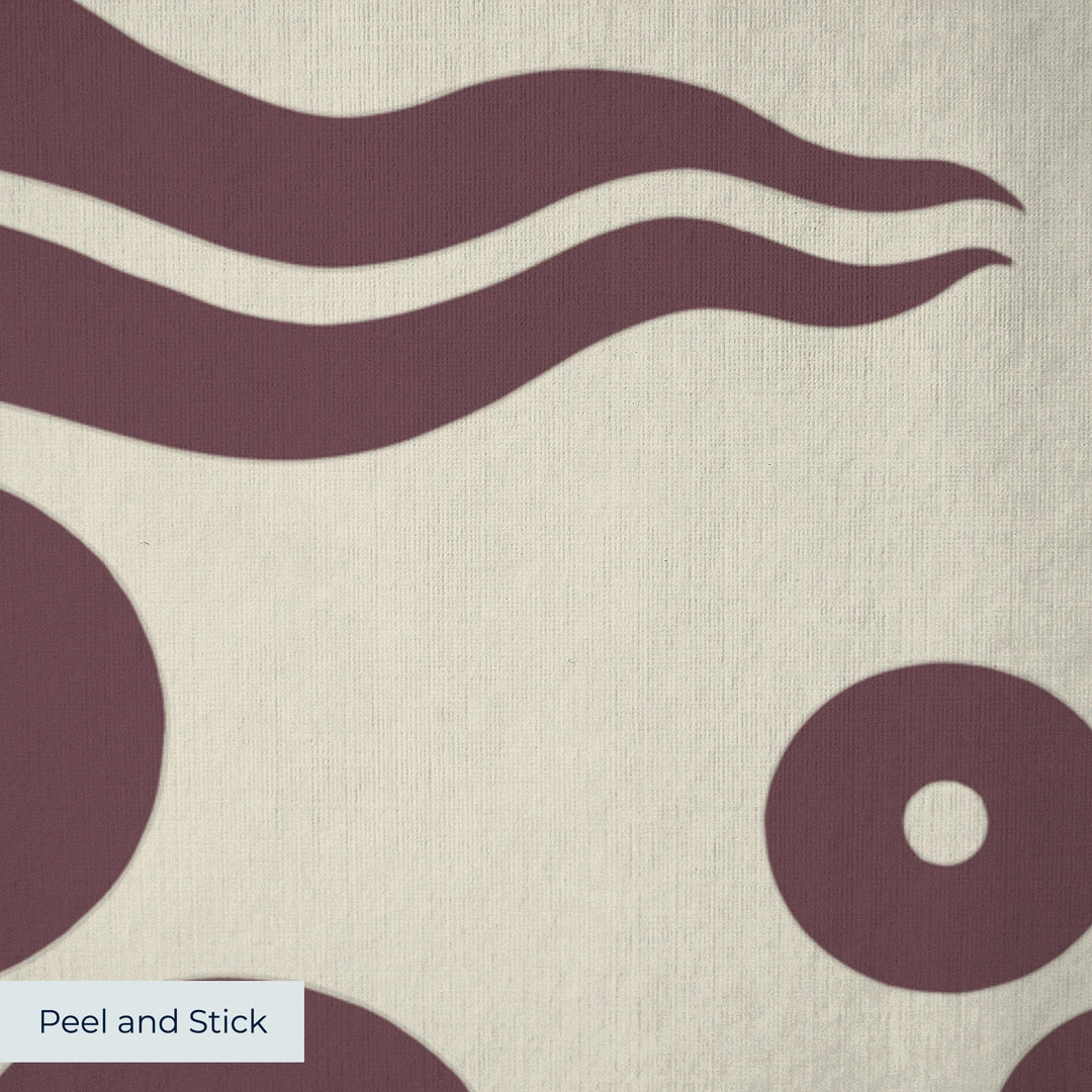 Dark purple 15th century Ottoman discs and waves on a beige ground: peel-and-stick wallpaper closeup, linen-like texture