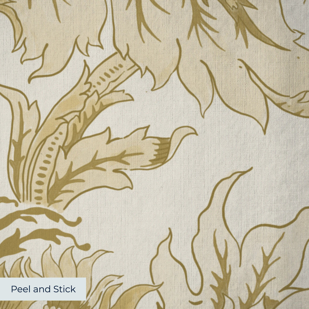 Ragged Poppy in Linen and Honey — deep gold poppy on a near-white linen ground, large-scale block-printed floral repeat peel-and-stick wallpaper closeup, linen-like texture
