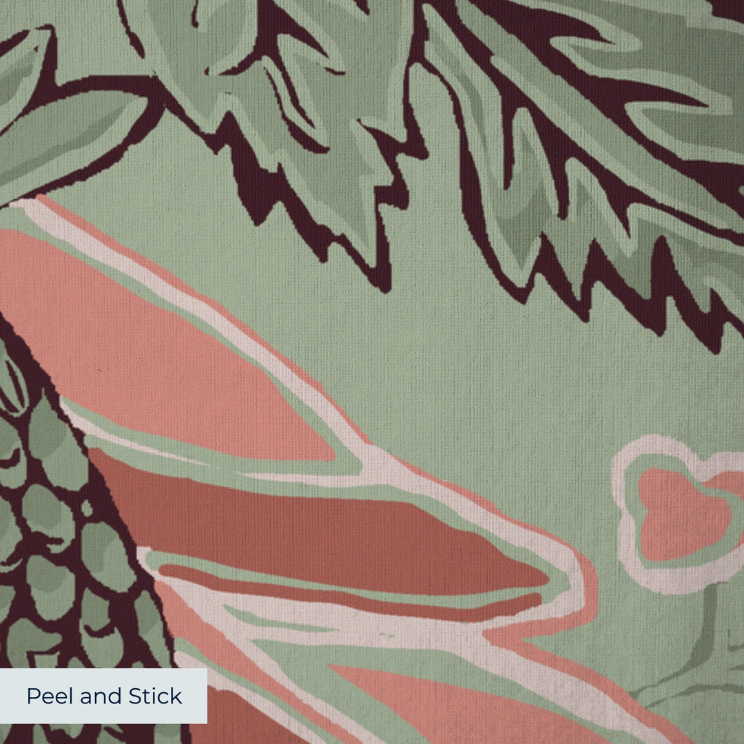 Flowering Pomegranate in eucalyptus and terracotta: an ogee lattice of lace borders framing a blossom held between two swelling pomegranates, translated from an 18th-century French block-printed quilt. peel-and-stick wallpaper closeup, linen-like texture
