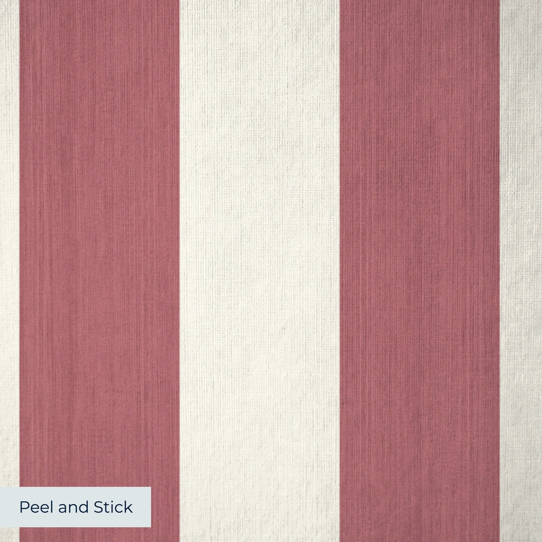 Dusty red and ivory 19th century equal-width stripe, red striated: peel-and-stick wallpaper closeup, linen-like texture