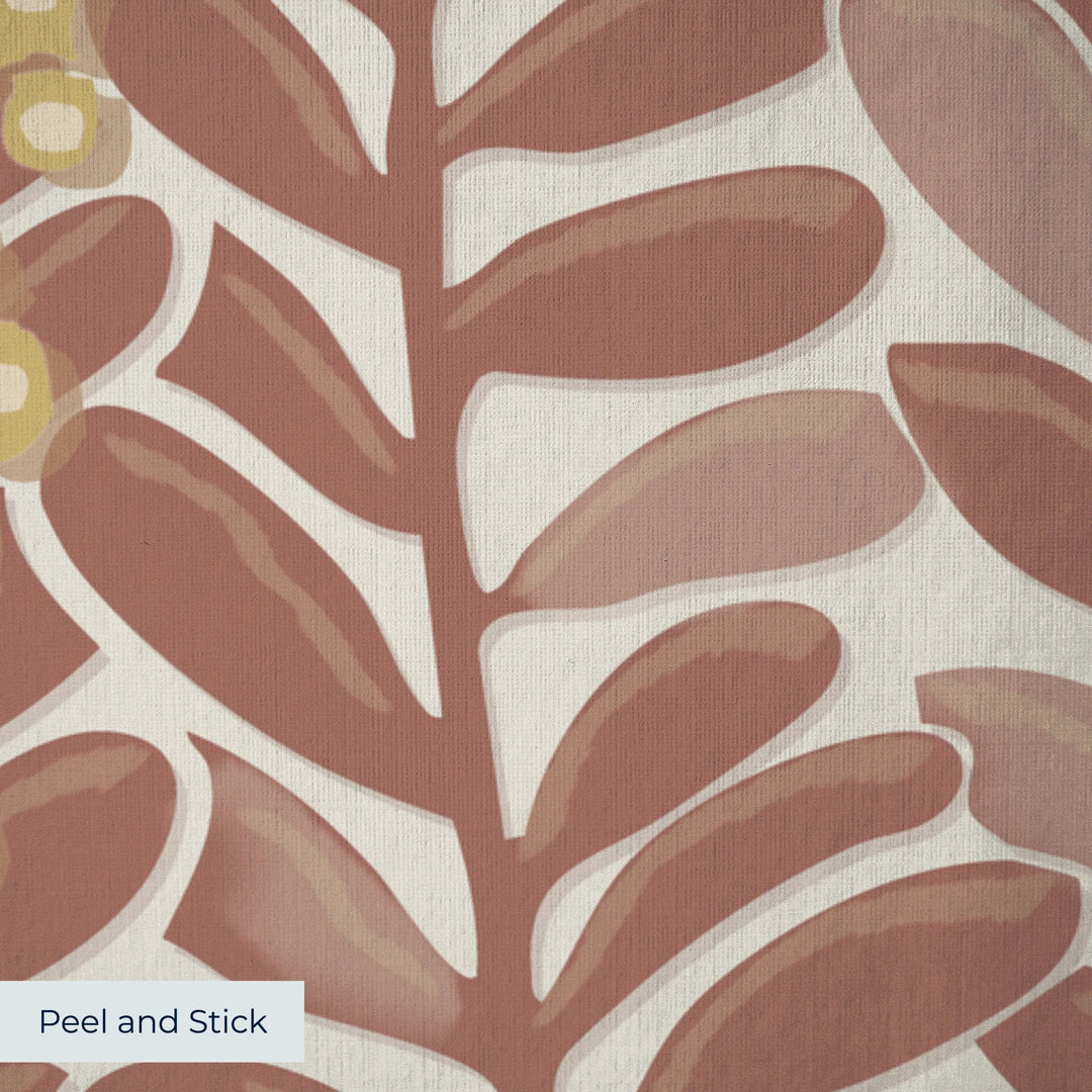 Brown 1918 leaf sprays with gold berries on a beige ground: peel-and-stick wallpaper closeup, linen-like texture